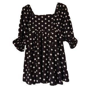 J. ING Black & White Floral Mini-Dress  NWT  Medium  Babydoll Retro Puffy Sleeve